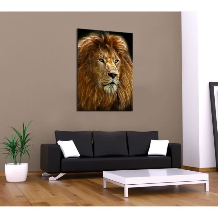 Tableau Toile Déco 140x50cm – Motif Lion, Soleil Et Paysage, Couleur Orange, Prêt à Accrocher !