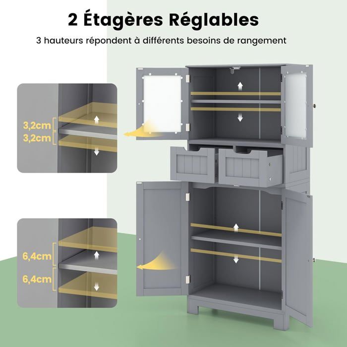 Meuble Colonne Étroite COSTWAY - Armoire Haute Avec Portes Verre Ondulé, Étagères Réglables - Blanc, Pour Salle De Bain, Salon - 5