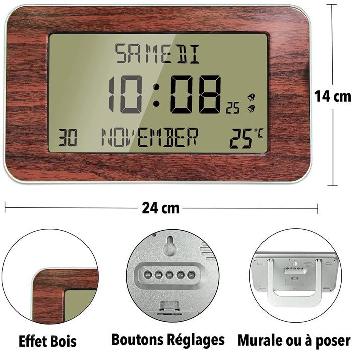 FISHTEC - Horloge Réveil Numérique Radiopilotée - Grand Écran LCD - Heure, Date, Température - Double Alarme et SNOOZE -... - Maison