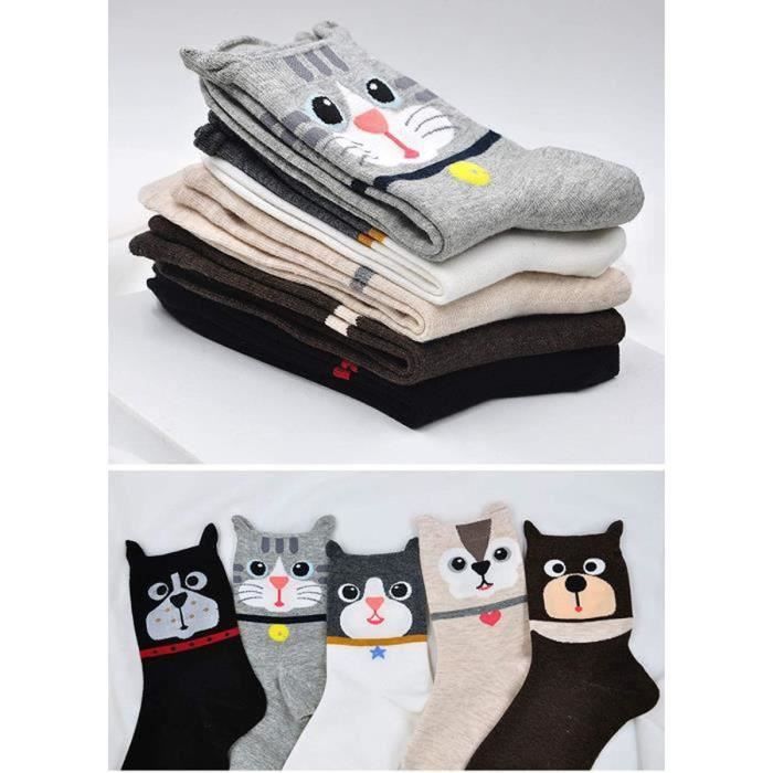 Lot De 5 Paires Chaussettes Femme Motifs Animaux - Coton Chaud Hiver - Taille Unique 35-40