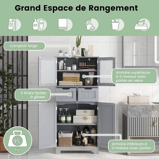 Costway meuble de salle de bain à 4 portes 2 compartiments ouverts