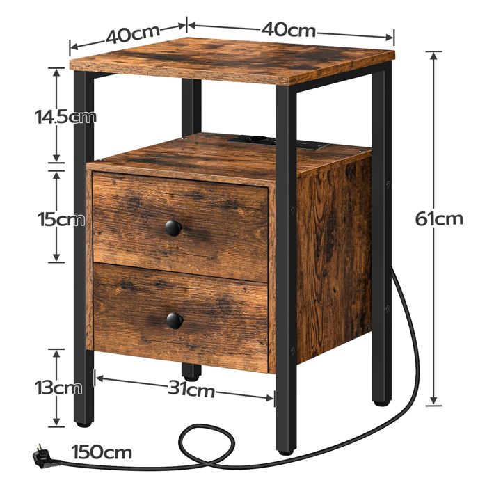 Table De Nuit HOOBRO Avec Prises USB - 2 Tiroirs, Blanc Et Or, 38x28x60cm, Idéale Petit Espace