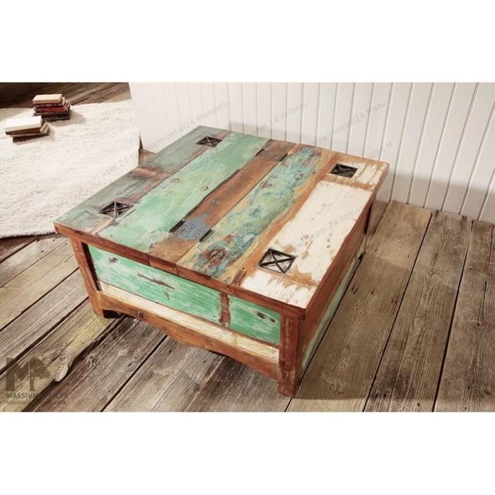 Table basse coffre - Bois massif d'acacia laqué (Miel) - Style colonial - OXFORD #0415 - Maison