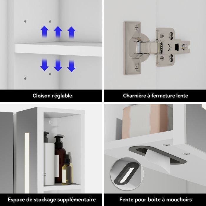 Armoire Salle De Bain Avec Miroir LED Antibuée - 3 Portes, 80x70 Cm, Prise Intégrée, Rangement IVH - Blanc