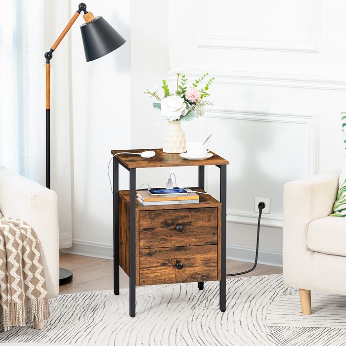 Table De Chevet HOOBRO Avec Prises USB - Tiroir Et étagère - 40x40x56 Cm - Marron Rustique Et Noir