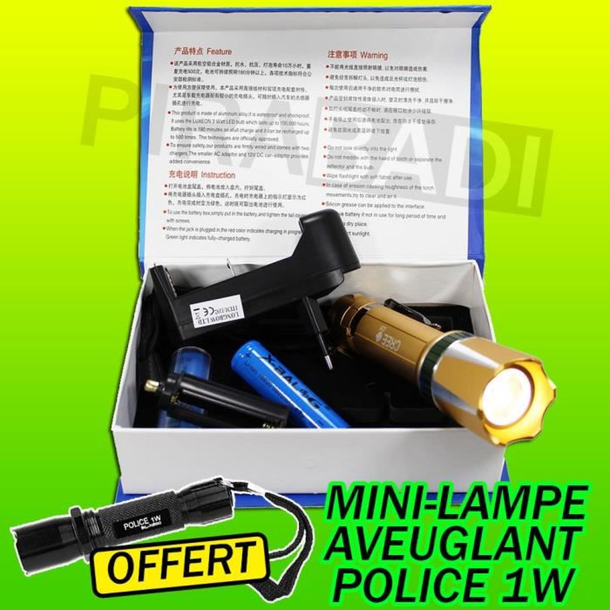 SWAT POLICE 1000M LAMPE TORCHE 4000 LUMENS LED FLASHLIGHT AVEC 2 ACCU 18650