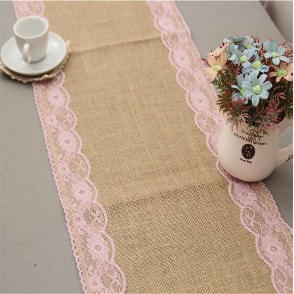 3pcs chemin de table rose avec bordure en dentelle de ...