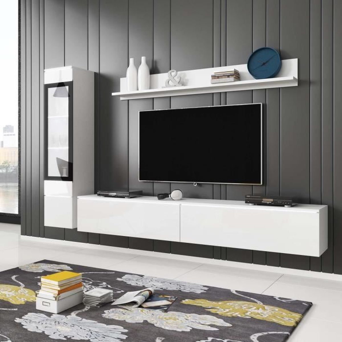 Meuble TV contemporain blanc laqué avec LED MILENA Cdiscount Maison