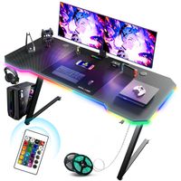 Bureau Gaming 120 x 60 cm, Bureau Gamer avec LED, Tapis de Souris, Crochet pour Casque, Noir