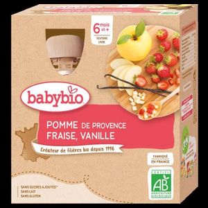 COMPOTE DESSERT FRUITÉ Babybio - Gourde Pomme Fraise Vanille - Bio - 4x90g - Dès 6 mois