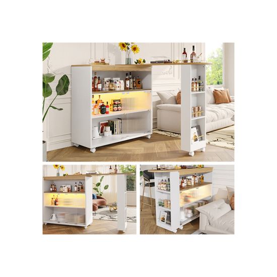 Table Bar Extensible Avec Rangement – Buffet Pivotant, étagères Et Tiroir, Blanc