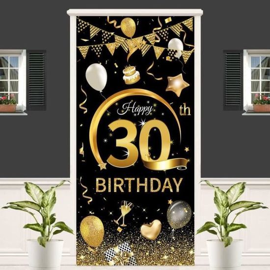 Banderole Joyeux Anniversaire Ballon Noir d'or Happy Birthday Bannière