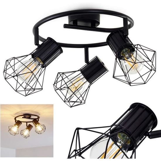 Plafonnier Bardhaman Rond – Métal Noir Et Laiton – Style Rétro Industriel – 3 Lampes E27 Orientables