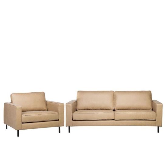 Canapé et fauteuil de salon en tissu beige aspect cuir SAVALEN - BELIANI - Fixe - Moelleux - Avec accoudoirs
