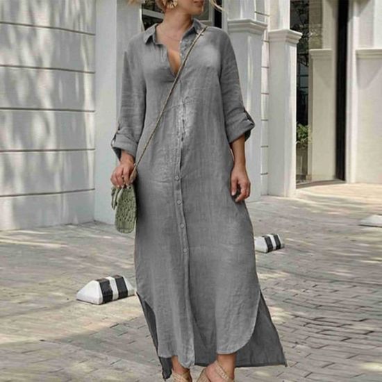 Robe été Femme En Lin Coton Tunic Ample Manches Courtes Col V Tailles  Grandes Style Boho Chic - Main Image