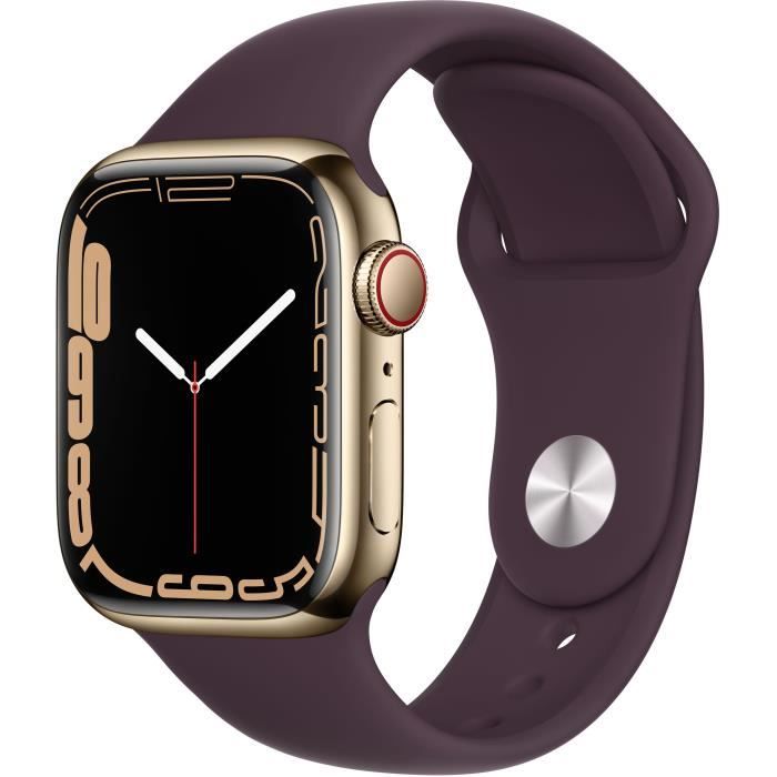 Apple Watch Series 7 GPS + Cellular - 41mm - Boîtier Gold Stainless Steel - Bracelet Dark Cherry Sport Band