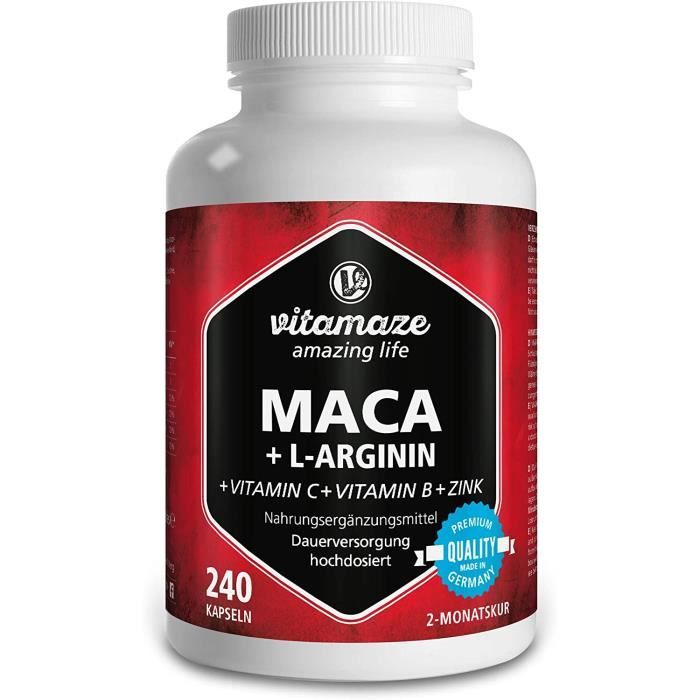 Maca Vitamaze® Maca en capsules fortement dosées 4000 mg + L-Arginine 1800mg + Vitamines + Zinc, 240 capsules pour 2 moi 331211