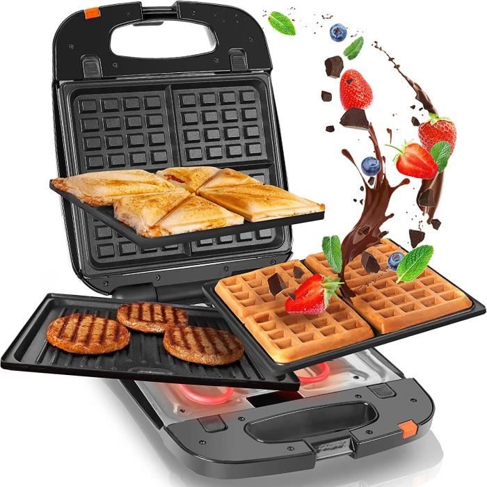Duronic SWM60 Gaufrier, Toaster et Grill Electrique 3 en 1 – Plaques de cuisson antiadhésives détachables – 4 gaufres – 4 sandwichs