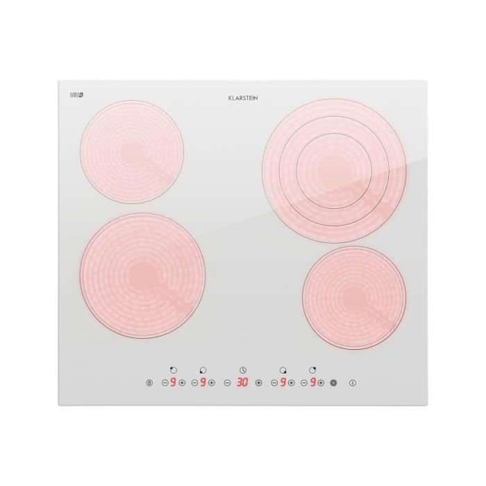 Klarstein Virtuosa 4 - Table de cuisson vitrocéramique 4 zones , 6500 Watt , 9 niveaux , Sécurité enfants - Blanc
