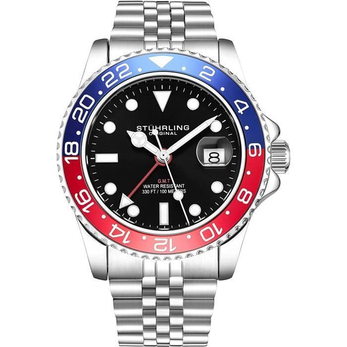 Stuhrling Original Montre pour Homme avec Bracelet jubilé en Acier Inoxydable GMT Double Fuseau horaire Date de réglage Rapi 6488