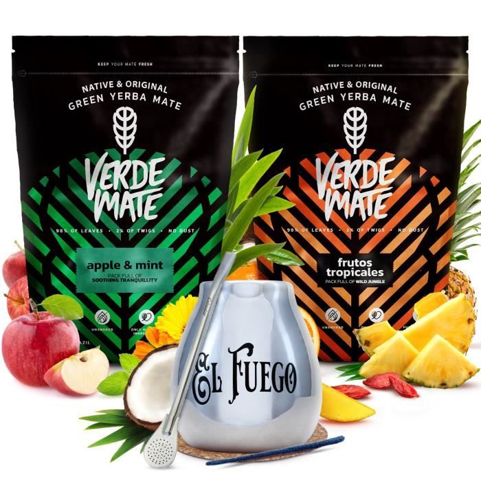 🌿 Yerba Mate 1kg Kit Fruite Verde Mate Frutos Tropicales Apple & Mint 2 x 500g - Calebasse Mate Argent 350 ml - Bombilla
