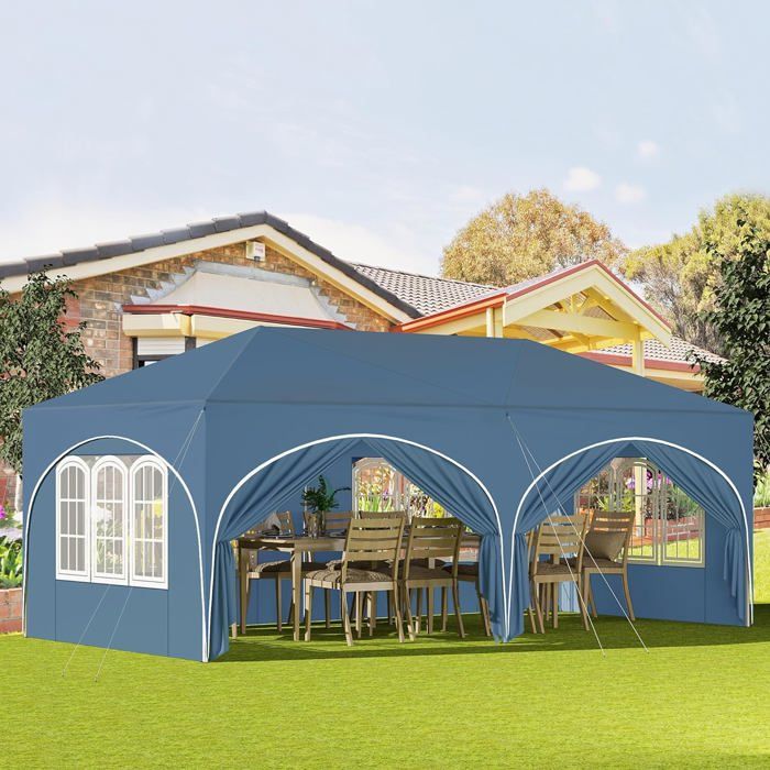 WOLTU Tonnelle de Jardin Pergola Pliante 3x6m avec 6 Parois Latérales Barnum Hauteur Réglable Imperméable Anti-UV Bleu