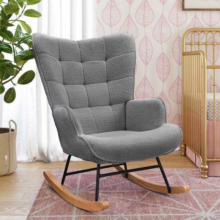 Fauteuil à Bascule - TANANT - Scandinave - Tissu Teddy - Pieds en Bois - Charge 150 kg