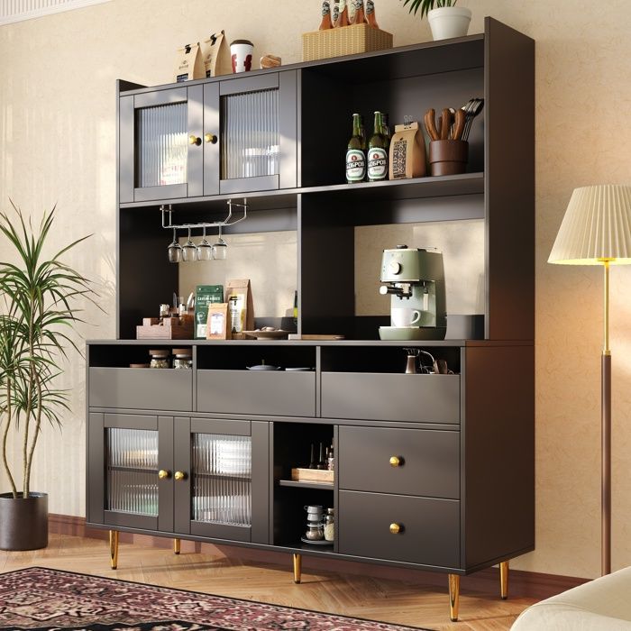 Buffet de Cuisine avec étagèreBuffet HauteArmoire Placard de Cuisine4 Portes 5 TiroirsMulti-Rangements145x39x171cmNoir