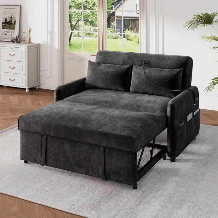 Canapé convertible 2 places avec USB et support pour téléphone portablecanapé-lit avec dossier réglable et inclinableveloursgris