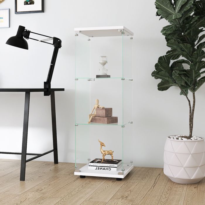 Vitrine En Verre 3 étagères - 125x42,5x36 Cm - Blanc - Avec Serrure - Parfaite Pour Exposer Livres, Vin, Objets De Collection - 9