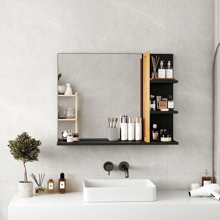 Miroir Mural Bambou Avec Étagère – 61,5x60x12 Cm – Style Naturel Pour Salle De Bain, Entrée, Dressing – Relaxdays