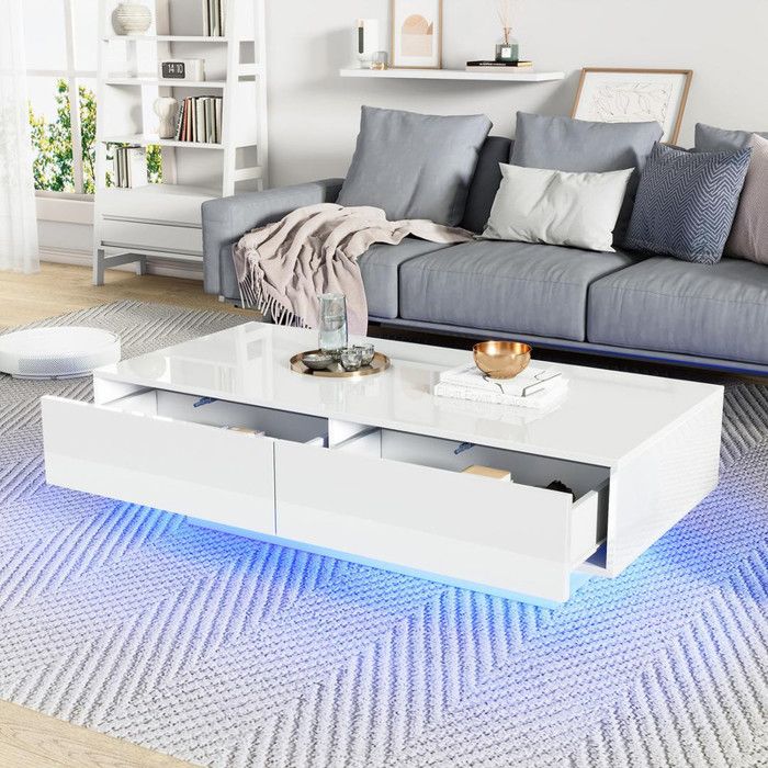 Table basse salon moderne 115x55x34 cm avec 2 tiroirs Table de salon élégante avec éclairage LED Blanc brillante