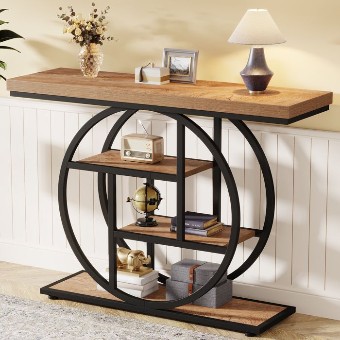 Table ConsoleLittle Tree105×30×80 cmÉtroite en Bois à 4 Niveaux avec Base Circulaire et Étagères de RangementMarron Clair