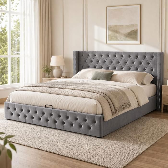 Lit coffre rembourré EVRYAE 140x190 cm velours gris capitonné-Chesterfield