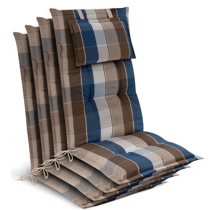 4 coussins de chaise de jardin à dossier haut 120 x 50 x 7 cm à carreaux marron et bleus 4 coussins de chaise de jardin à dossier haut 120 x 50 x 7 cm à carreaux marron et bleus