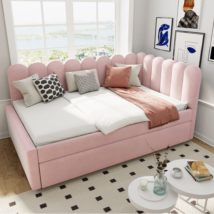 Lit canapé dangle en velours rose avec lit gigogne escamotable