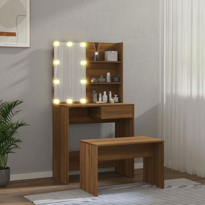 Cabinet de chambre Brun - Ensemble de coiffeuse avec LED - Chêne Marron - Bois dingénierie 179 135123911