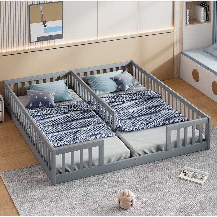 Lit enfant au sol gris avec barrières de sécurité en pin et MDF