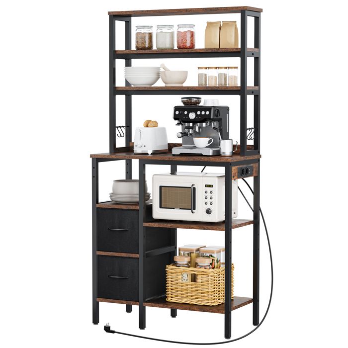 Meuble de Cuisine YITAHOME Prises & USB Tiroirs Crochets Étagère Micro-ondes 80x40x168 cm Marron Vintage & Noir