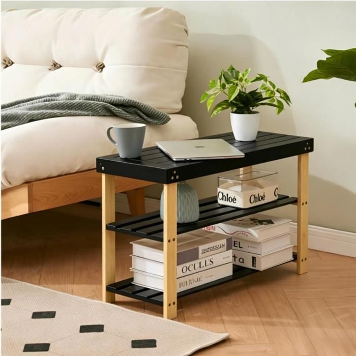 MIPAN.Banc dÉtagère à Chaussures - Rangement de Chaussures en Bambou à Trois Niveaux - Banc dEntrée -70x27x42cm-Marron + Noir