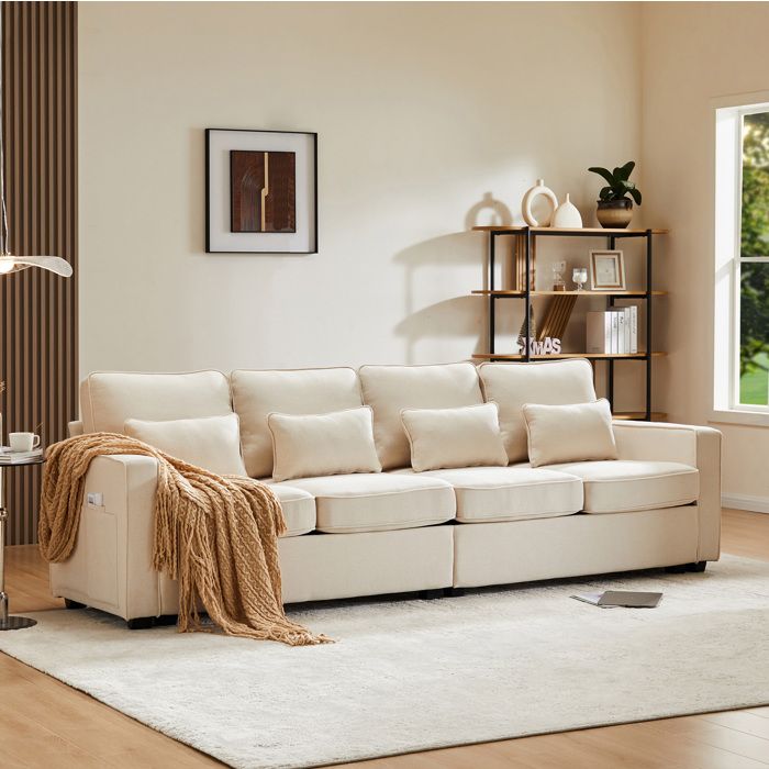 Canapé 4 places en lin beige avec poches d’accoudoirs et 4 coussins