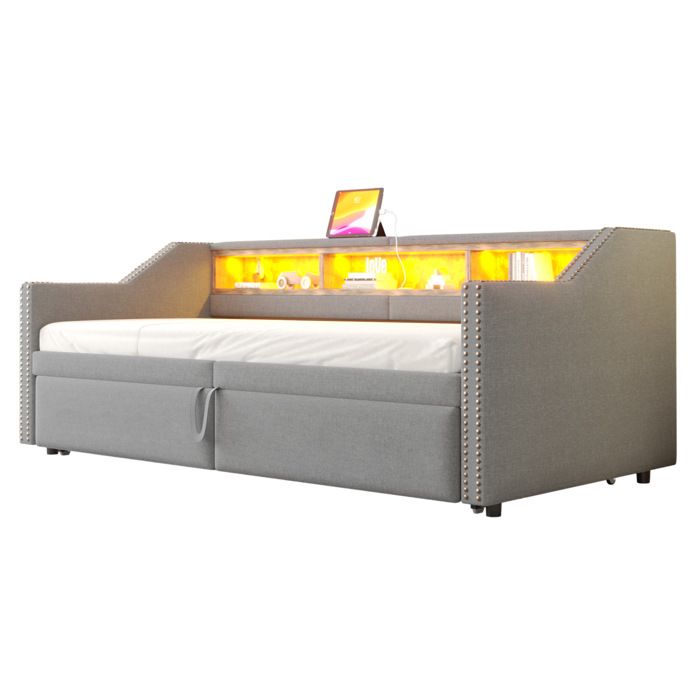 Lit banquette gigogne 90/180x200 cm avec LED et USB 3 niches de rangementadultes sommier à lattes lin gris clair