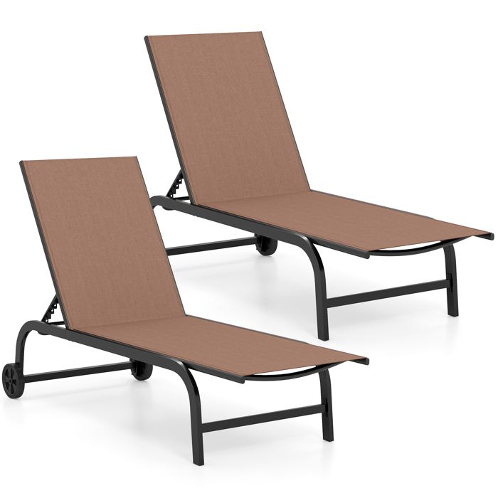 COSTWAY Lot de 2 Bain de Soleil avec roulettes Dossier Réglable en 6 Positions Cadre en Métal Tissu Respirant 150 kg Marron
