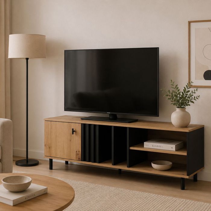 Meuble TV Kali Dmora en Bois Noble Chêne Brun Nœuds 138x40x49h cm Meuble TV Kali Dmora en Bois Noble Chêne Brun Nœuds 138x40x49h cm