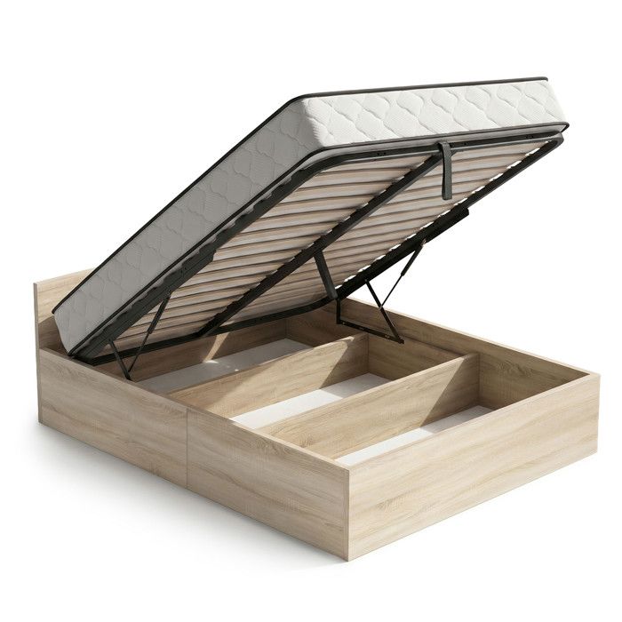 Lit coffre 140x200 cm sommier relevable en métal et matelas à ressorts Chêne Sonoma