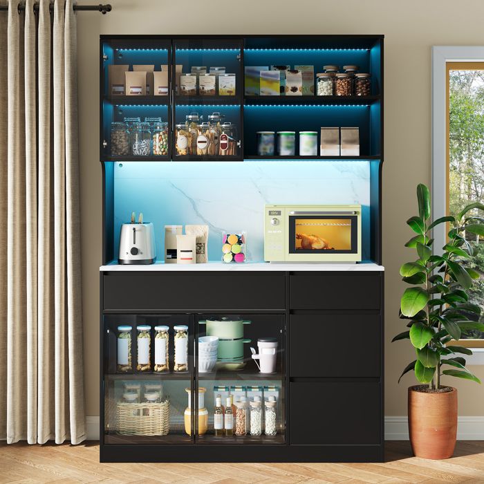 Buffet de cuisine avec plan de travail Meuble haut éclairage LED finition effet marbre sur la partie centrale MDF 120x40x180cm