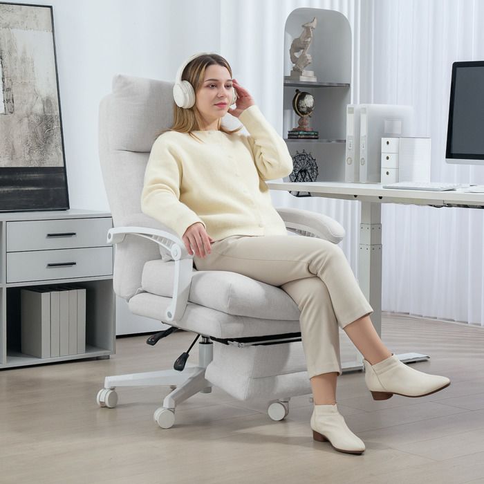 Fauteuil à roulettes aspect lin blanc crème réglable en hauteur inclinable à 160° repose-pieds