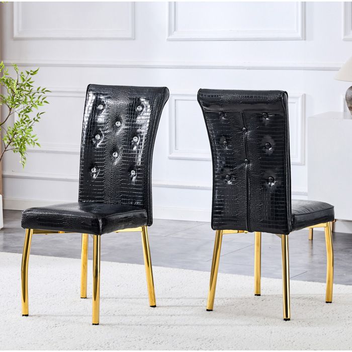 Chaise de salle à manger lot de 2 rétro rembourrée noir et or en PVC aspect crocodile pieds métal ORVRYN