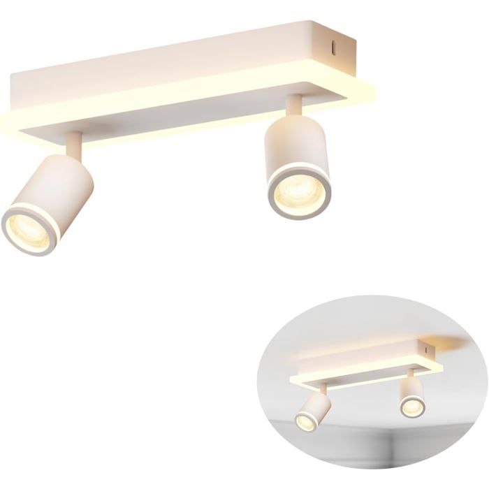 Plafonnier LED 2 spots blanc douille GU10 base acrylique barre LED 3 7 W intégrée rotatif 350° ampoule non incluse