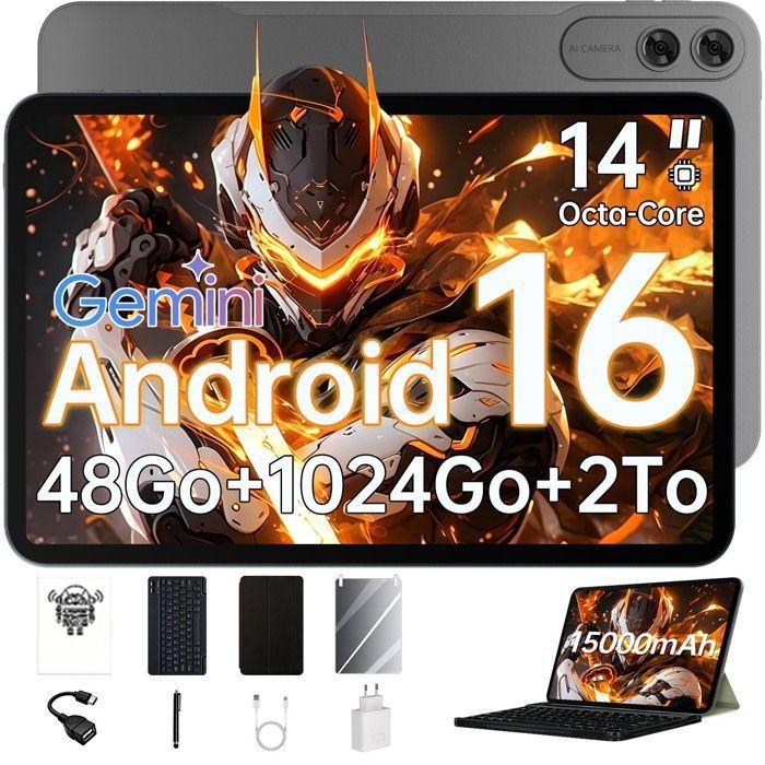 Tablette Tactile 14Pouces Ginawe FHD-48Go+1024Go- Android 16 - Snapdragon 8 Gen1 - WiFi 2.4G/5G - BT 5.0 - GPS - 15000mAh -Clavier